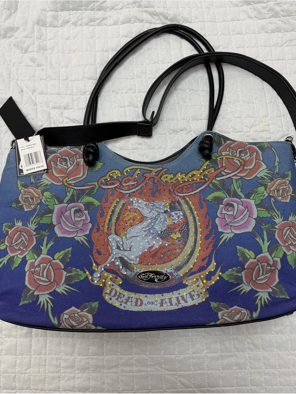 Ed Hardy Dead Or Alive Rose Tattoo Canvas Shoulder Bag NWT